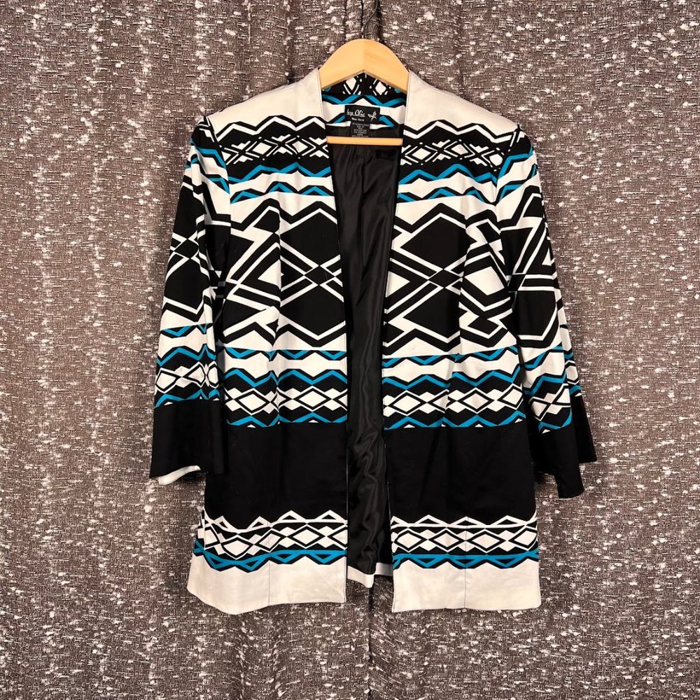 Ivy Chic Jacket Southwestern Print Open‎ Front Lined Side Pockets Black & Blue